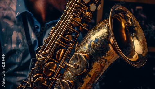 Shiny brass musician blowing wind into golden saxophone on stage generated by AI photo