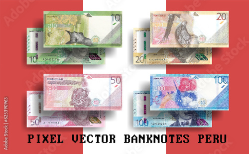 Vector pixel mosaic set of banknotes of Peru. Bills of 10, 20, 50 and 100 Peruvian sols. Flyers or play money.