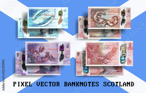 Vector pixel mosaic set of Scotland banknotes. Notes in denominations of 5, 10, 20 and 50 Scottish pounds. Royal bank. Flyers or play money.