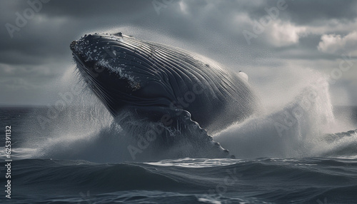 Majestic humpback breaches, spraying seascape with monochrome beauty generated by AI © djvstock