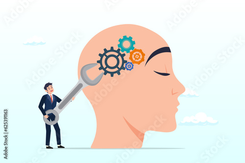 Businessman with wrench to adjust gear cogwheels on human head metaphor of mindset, change mindset or attitude, psychology or brain training to learn new skill to success, mentor or coaching (Vector)