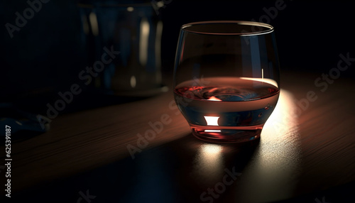 Dark bar, backlit elegance, whiskey and wineglass, illuminated celebration generated by AI