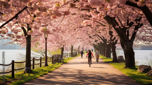 Expansive springtime park scene filled with blooming cherry blossoms and health-conscious individuals © Saran