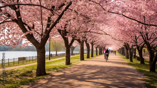 Expansive springtime park scene filled with blooming cherry blossoms and health-conscious individuals