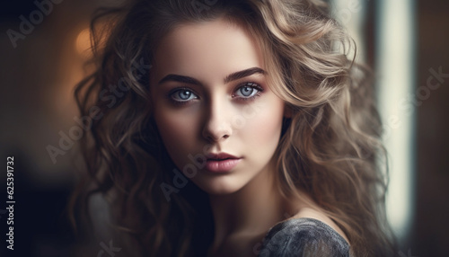 Beautiful woman with long curly brown hair exudes sensuality and elegance generated by AI