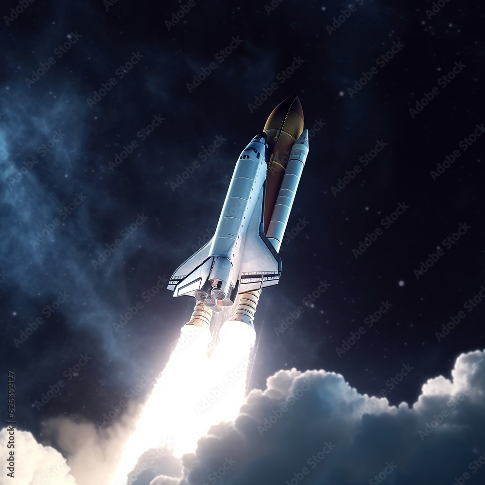 Space shuttle rocket launches in the sky and clouds fly into space. Sky and clouds, spaceship flying Space shuttle rocket launches in the sky and clouds fly into space. Sky and clouds, spaceship flying