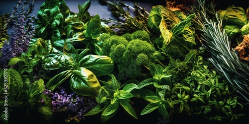 Natural culinary herb collection. Collection of culinary herbs, commonly used in cooking. Generative AI technology. © vachom