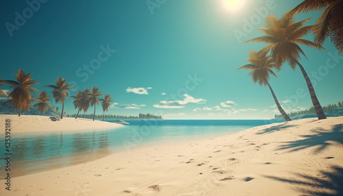 Idyllic tropical coastline  palm trees sway in sunset warmth generated by AI