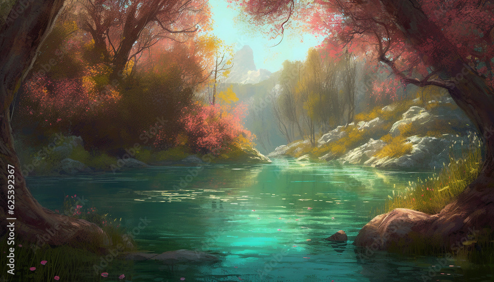Tranquil autumn forest, painted image of a wet, colorful landscape generated by AI