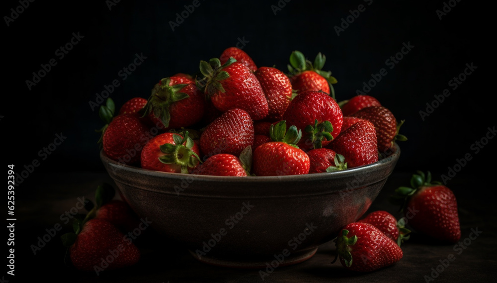 Juicy ripe strawberry dessert in a rustic fruit bowl on wood generated by AI