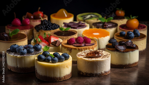 Fresh berry cheesecake mousse, a sweet indulgence on wooden table generated by AI