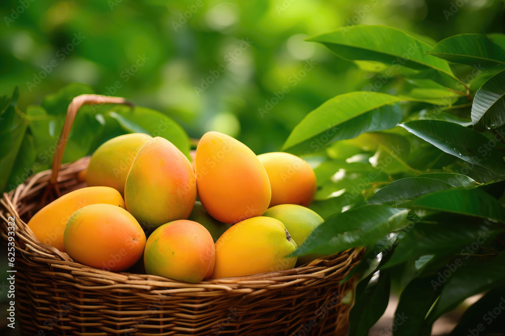 Wicker basket full of mangoes on green leaves background