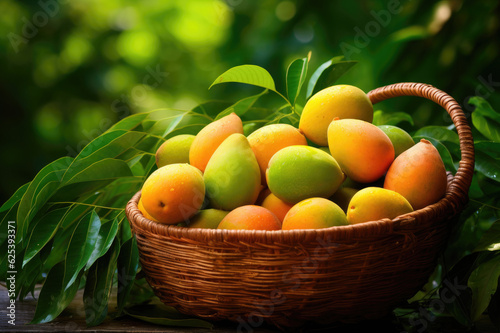 Wicker basket full of mangoes on green leaves background