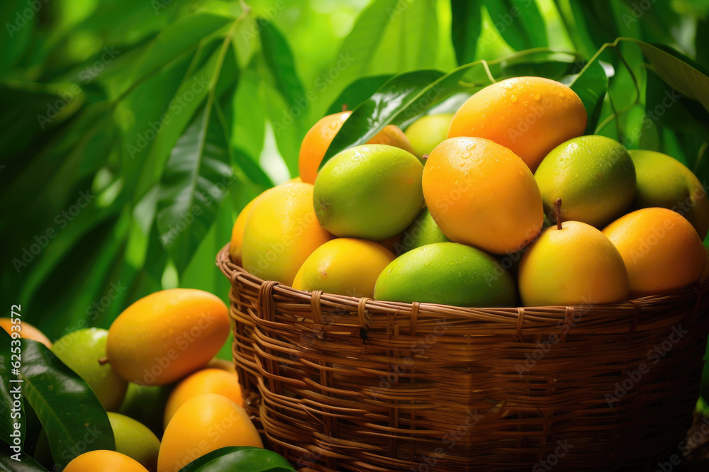 Wicker basket full of mangoes on green leaves background