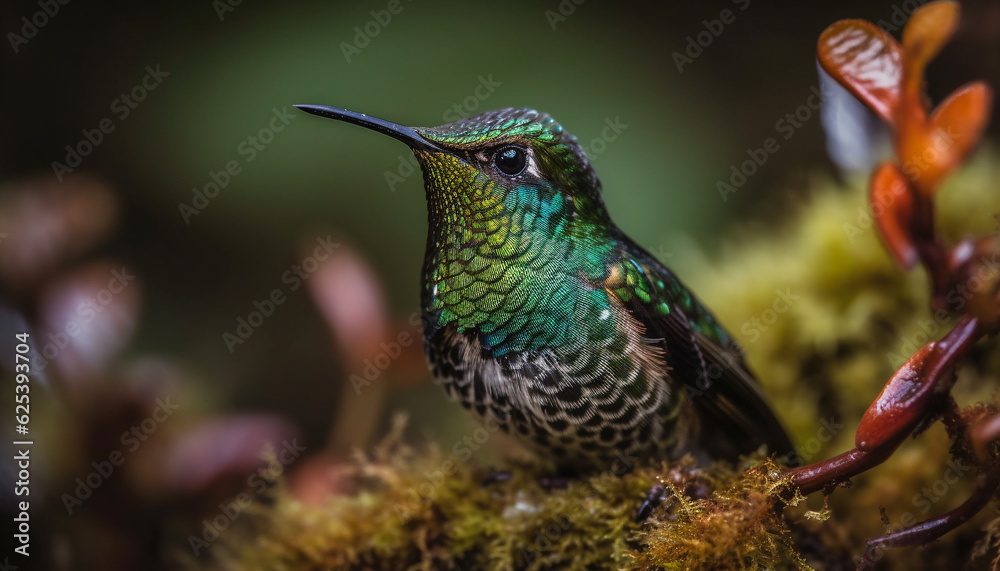 Vibrant hummingbird perching on green branch in tropical rainforest generated by AI