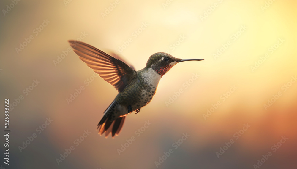 Naklejka premium Rufous hummingbird hovers mid air, spreading iridescent feathers in flight generated by AI