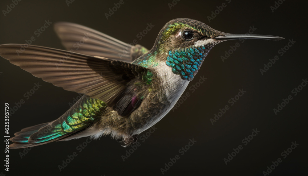 Obraz premium Small iridescent hummingbird hovers mid air, spreading multi colored wings in motion generated by AI