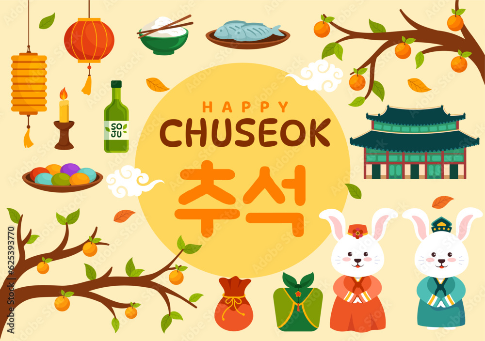 Obraz premium Happy Chuseok Day Vector Illustration of Korean Thanksgiving Event with Harvest Festival Celebrate on Autumn Night Background Hand Drawn Templates