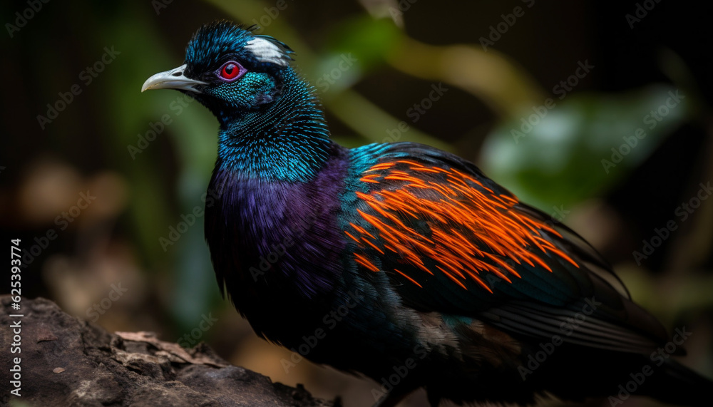 Vibrant peacock perching on branch, displaying natural beauty generated by AI