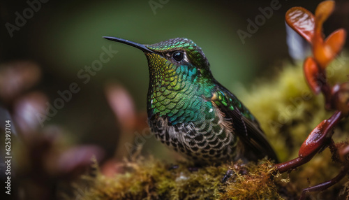 Vibrant hummingbird perching on green branch in tropical rainforest generated by AI