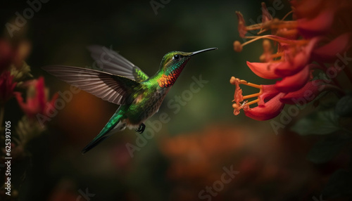 Hummingbird hovering mid air, spreading iridescent wings, pollinating vibrant flowers generated by AI