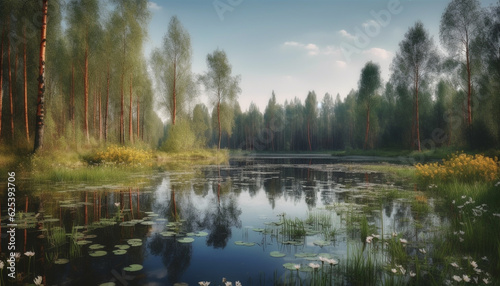 Tranquil scene of autumn forest reflected in peaceful pond water generated by AI