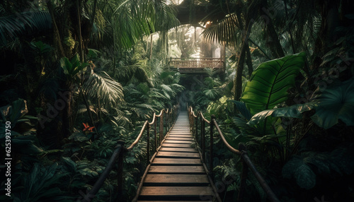 Walking on a footpath through a tropical rainforest at sunset generated by AI