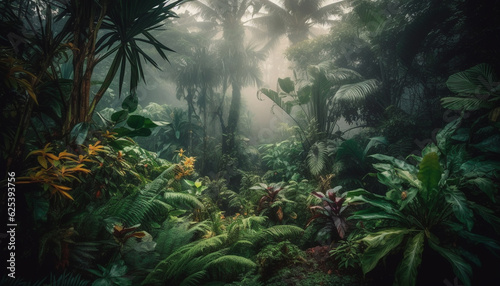 Tropical rainforest beauty in nature green palm tree  wet fern generated by AI