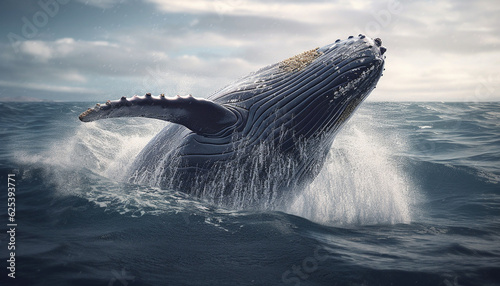 Majestic humpback whale breaches, splashing in blue water generated by AI