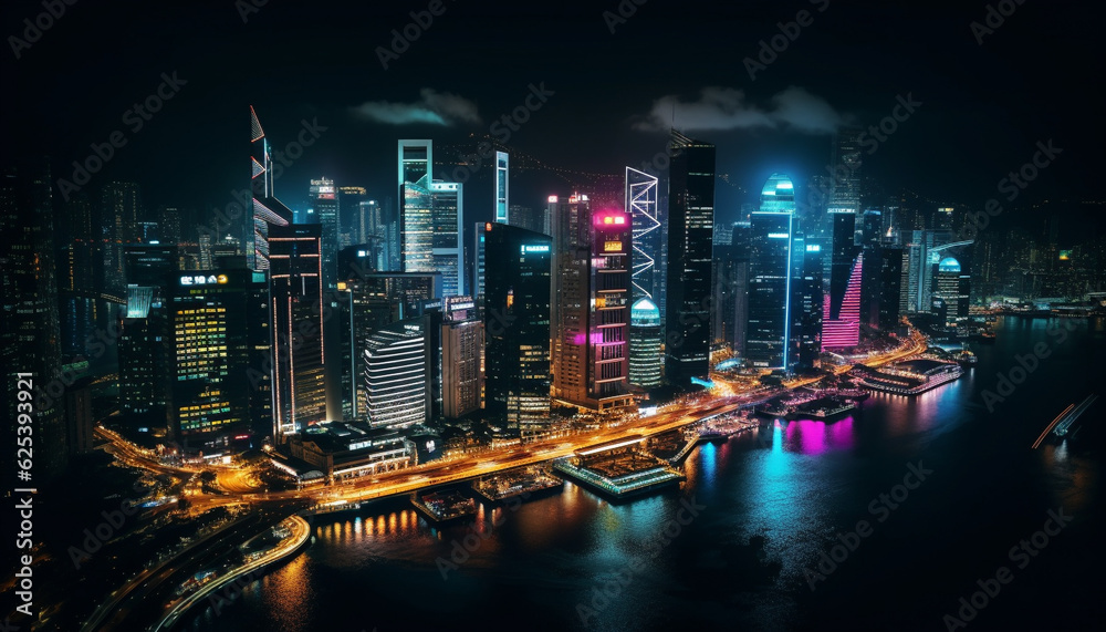 Fototapeta premium Illuminated skyscrapers reflect on dark waterfront, a futuristic cityscape generated by AI