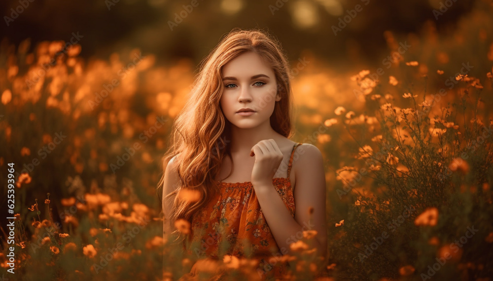 Beautiful young woman in nature, enjoying the sunset in meadow generated by AI Beautiful young woman in nature, enjoying the sunset in meadow generated by AI