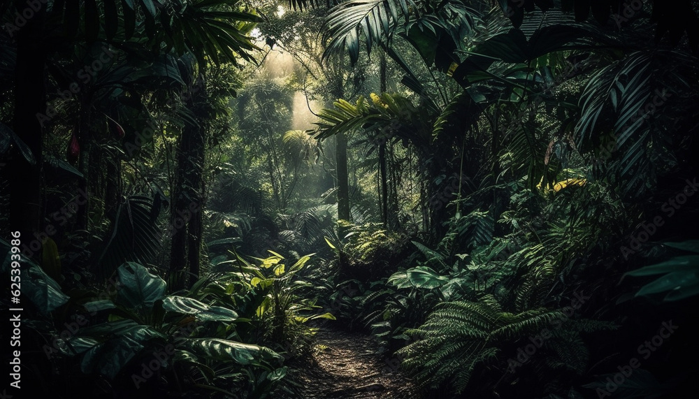 Tropical rainforest adventure lush ferns, palm trees, and tranquil water generated by AI