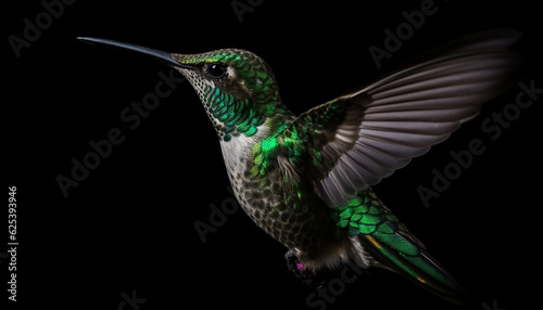 Hummingbird hovering mid air, flapping wings, iridescent feather, spread wings generated by AI