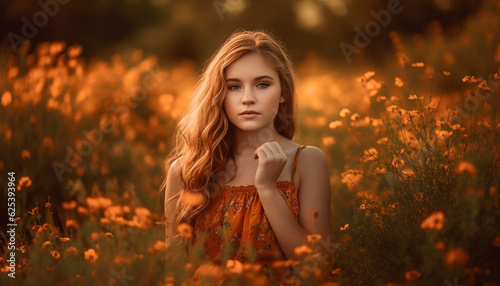 Beautiful young woman in nature, enjoying the sunset in meadow generated by AI