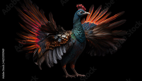 Majestic rooster with multi colored feathers flying against black background generated by AI