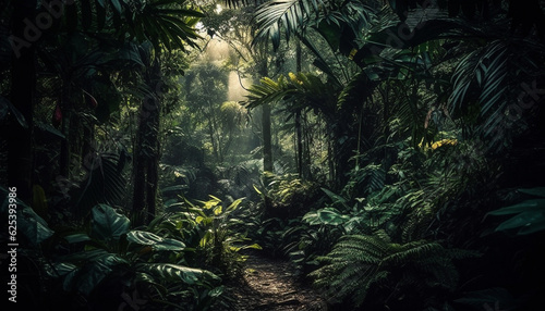 Tropical rainforest adventure lush ferns, palm trees, and tranquil water generated by AI