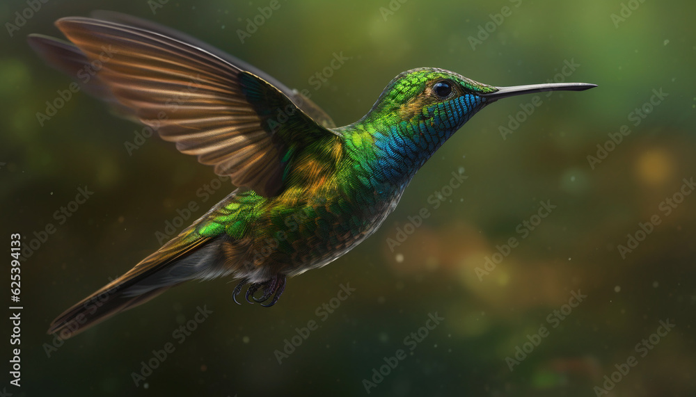 Obraz premium bird hovering with iridescent multi colored feathers and long beak generated by AI