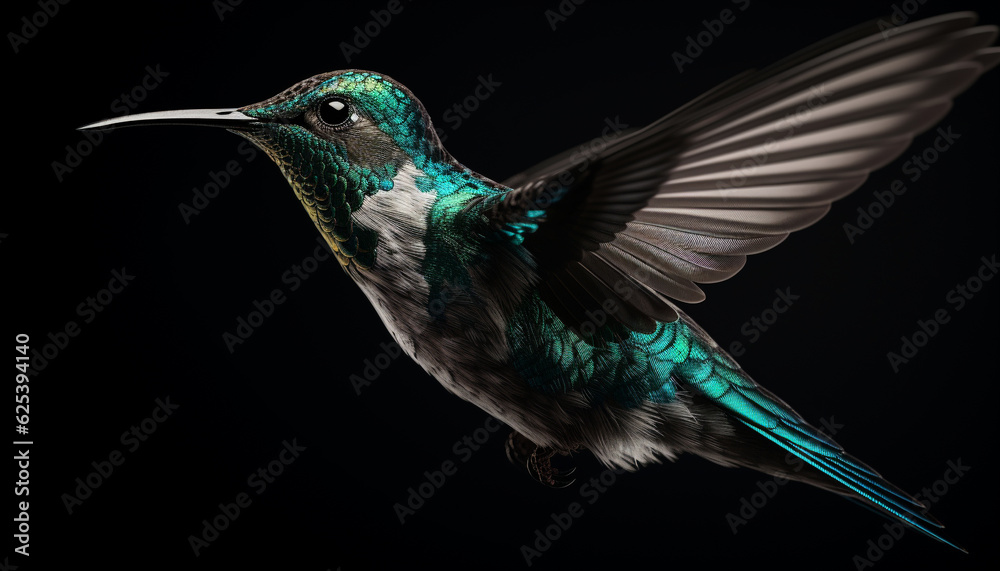 Fototapeta premium Hummingbird hovering mid air, spread wings, iridescent multi colored feathers, beak generated by AI