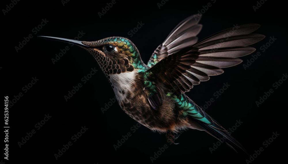 Fototapeta premium Hummingbird hovering mid air, iridescent feathers and spread wings, multi colored beauty generated by AI