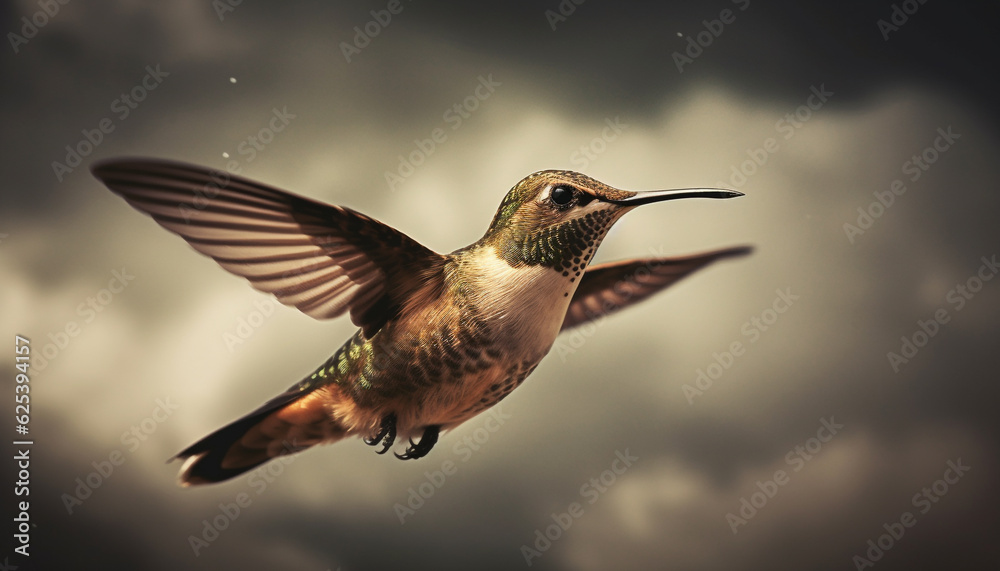 Fototapeta premium Hummingbird hovering mid air, spreading iridescent feathers, flapping wings in motion generated by AI