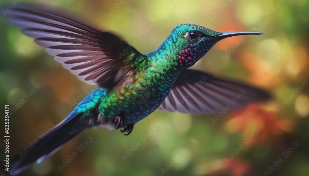 Fototapeta premium Vibrant hummingbird hovers mid air, spreading iridescent wings in motion generated by AI