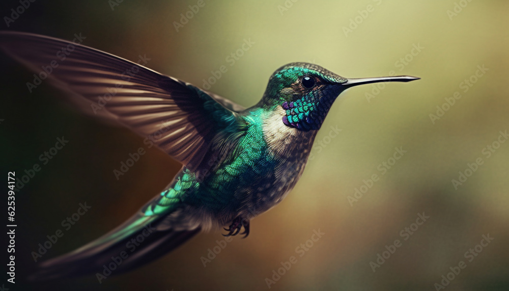 Fototapeta premium Hummingbird hovering, iridescent feather, spread wings, multi colored, pollination beauty generated by AI