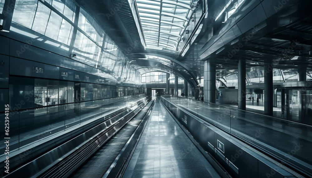 Futuristic transportation corridor with steel escalator and blurred motion generated by AI