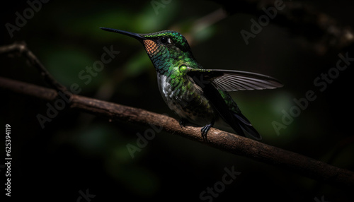 Hummingbird perching on branch, iridescent feathers spread, beauty in nature generated by AI