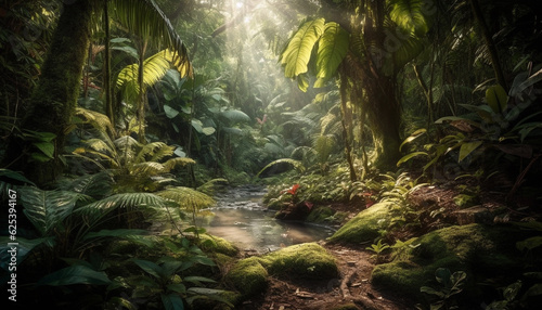 Tranquil scene of a tropical rainforest with flowing water and ferns generated by AI