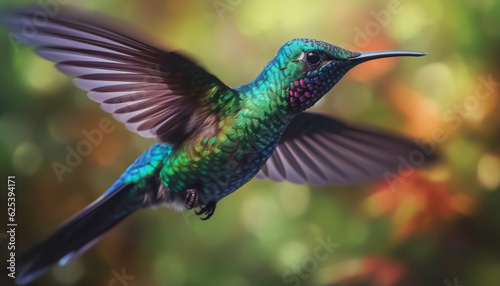 Vibrant hummingbird hovers mid air, spreading iridescent wings in motion generated by AI
