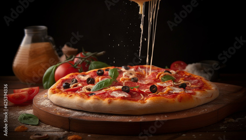 Freshly baked rustic pizza with mozzarella, tomato, and vegetables generated by AI