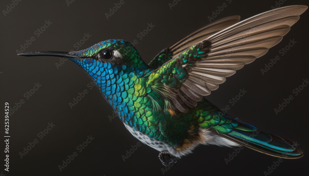 Obraz premium Hummingbird hovering, iridescent feathers, multi colored, spread wings, close up beauty generated by AI