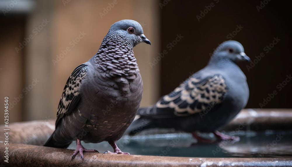 Blue rock dove perching on branch, looking at camera generated by AI Blue rock dove perching on branch, looking at camera generated by AI