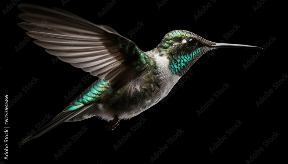 Fototapeta premium Hummingbird flying mid air, hovering with spread wings, iridescent feather and beak generated by AI